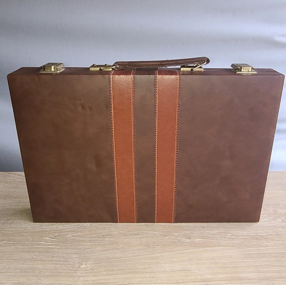 Vintage Backgammon Set Travel Board Game Brown Faux Leather Case Handle 15x10” - Picture 4 of 11